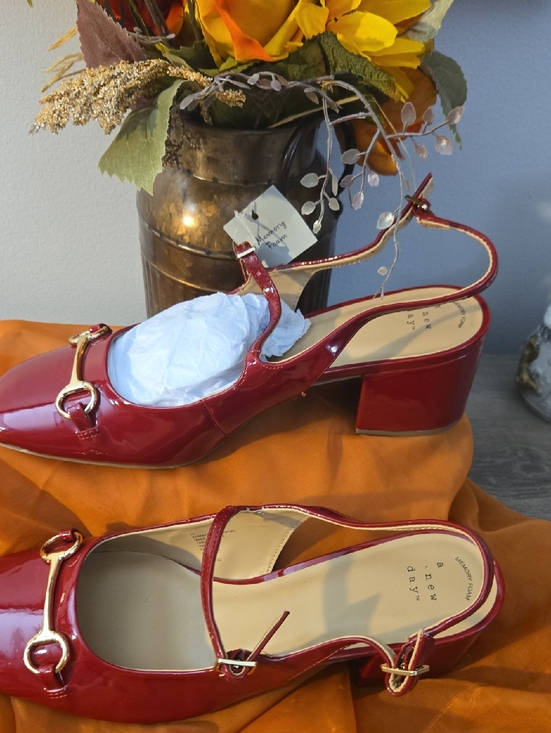 a new day Shoes - a new day Red Patent Slingback Block Heels with Gold Buckle